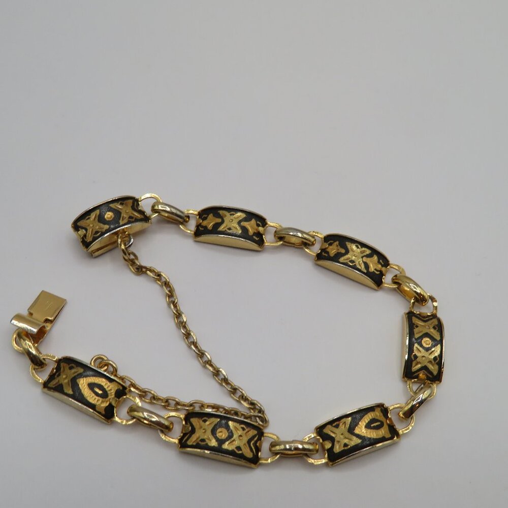 Vintage Damascene Gold Tone and Black Panel Bracelet